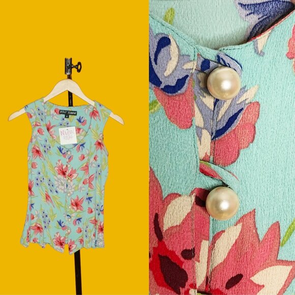 1990s Vintage BETSEY JOHNSON Light Blue Chiffon Floral Flowers Printed Sleeveles - Picture 1 of 10